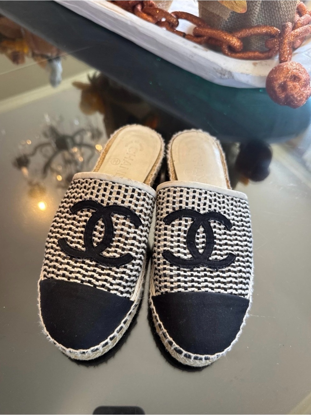 CHANEL Black and Cream Woven Espadrille Mules Size 37